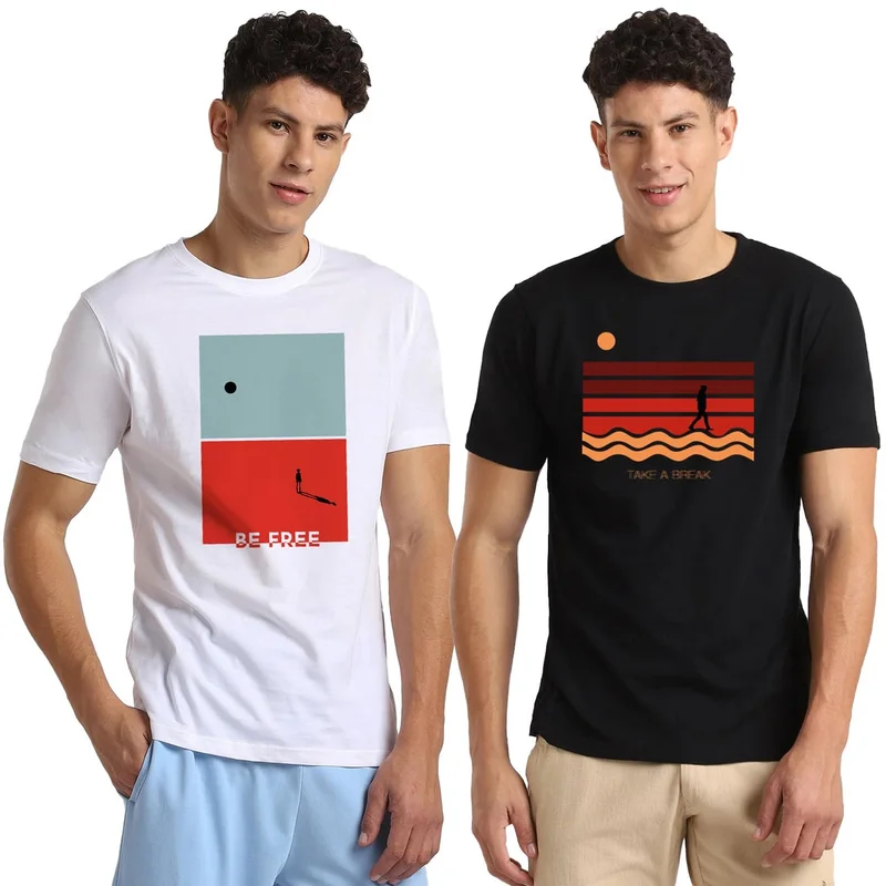 NOBERO Men's Cotton Graphic Printed T-Shirt Combo - Pack of 2